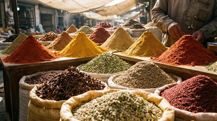 Vibrant colorful piles of exotic spices displayed abundantly at an outdoor market stall