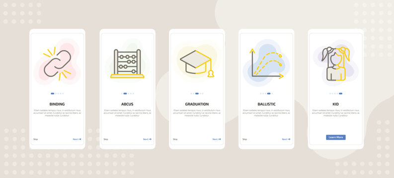 onboarding screen template for education mobile app ui with binding, abcus, graduation, ballistic, kid icons.