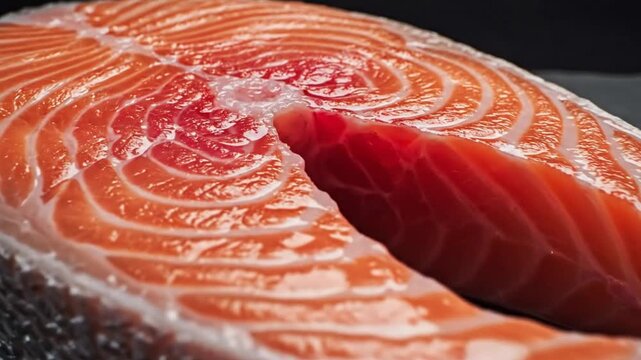 Close-up of a Fresh Raw Salmon Steak on a Dark Stone Surface for Culinary Preparation