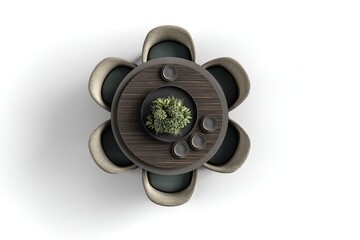 Aerial view of dark wooden round dining table with chairs and plant arrangement on plain background