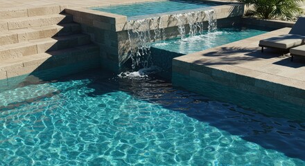 A stunning architectural pool feature with clear water cascading over natural stone into a tranquil, blue swimming oasis ,design ,luxury ,warm