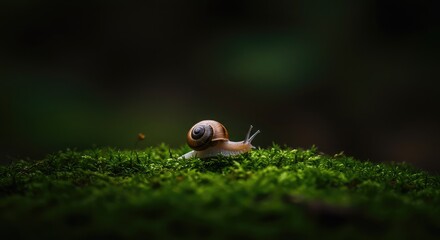 A tiny garden snail resting completely still on lush green moss. The motionless mollusk is paused deep within a humid, dense forest environment ,macro ,motionless ,terrestrial