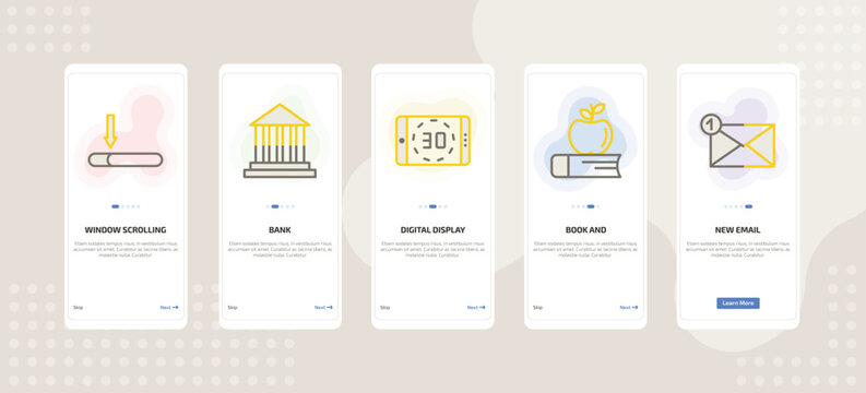onboarding screen template for education mobile app ui with window scrolling medium, bank, digital display 30, book and, new email icons.