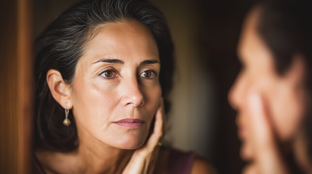 Middle aged woman observing face in mirror, noticing wrinkles, aging process and skin care concerns