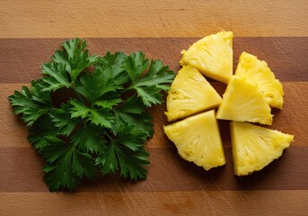 A vibrant, contrasting pairing of bright green parsley leaves and sweet, juicy yellow pineapple chunks resting on a rustic wooden cutting board ,nutrition ,kitchen ,fruit