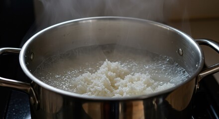 A vibrant close-up of white rice rapidly boiling in a steel pot on the stovetop, releasing fragrant steam during the cooking process ,starch ,hydration ,texture
