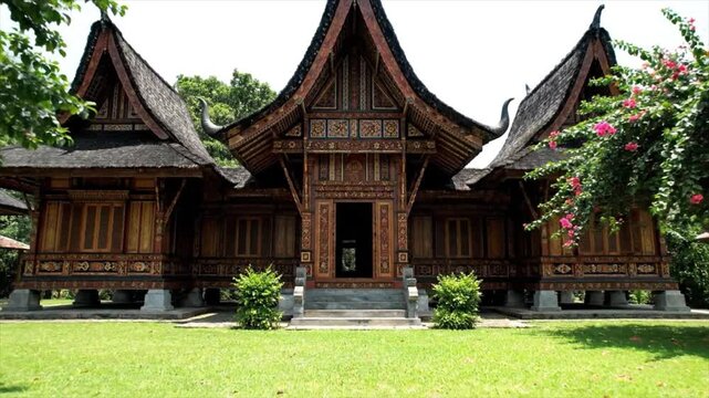 Traditional wooden house with triangular roofs and lush greenery surrounding the building from a front view