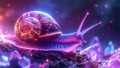Vibrant neon snail with glowing shell on a colorful background.