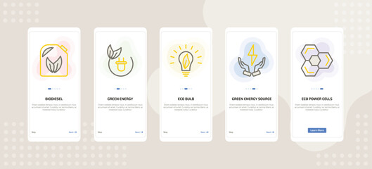 onboarding screen template for ecology mobile app ui with biodiesel, green energy, eco bulb, green energy source, eco power cells icons.