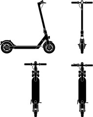Naklejka premium Modern Electric Scooter Silhouette Vector Set: Side, Front, and Top View Icon Collection for Urban Mobility, Micromobility, and Eco-Friendly Transport Design Assets