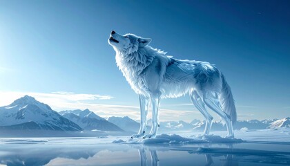 Frozen wolf sculpture standing on ice with snowy mountains in the background.
