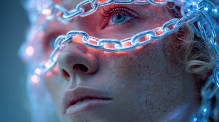 Woman with Holographic Chains Around Face in Futuristic Light, Artificial Intelligence Control and Digital Restriction Concept, Human Identity Data Ethics and Technology Dependence Theme