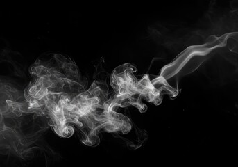 Abstract dynamic smoke texture overlay on a black background, featuring swirling white mist and foggy movement for design concepts ,density ,smooth ,dreamy