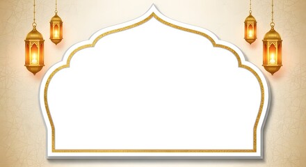 Minimalist white and gold Islamic border frame with hanging lanterns and bokeh lights, perfect for Ramadan or Eid invitations.