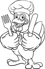 Fototapeta premium A chicken chef hat cartoon rooster cockerel bird mascot holding a knife and fork