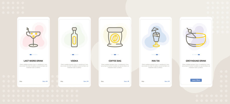 onboarding screen template for beverages mobile app ui with last word drink, vodka, coffee bag, mai tai, greyhound drink icons.
