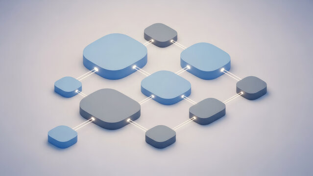 Collection of assorted blue and grey 3D shapes arranged closely together on a gradient background viewed from directly above