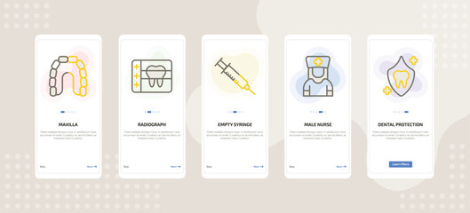 onboarding screen template for dental care mobile app ui with maxilla, radiograph, empty syringe, male nurse, dental protection icons. © Farahim