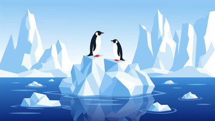 Vector illustration of two penguins standing on an iceberg in a calm blue ocean surrounded by ice floes and distant ice formations © PDWN Creative