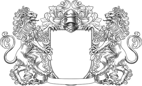 Lions coat of arms or crest family heraldry medieval heraldic knight shield with helmet and acanthus filigree scroll ornament in a vintage woodcut style.