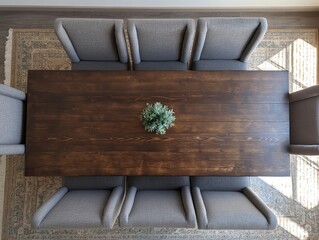 Overhead view of a dark wooden dining table with grey chairs and a plant centerpiece in a well-lit dining room