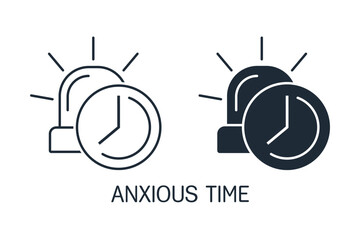 Time with a sign of alarm. Anxious time. Vector linear icon illustration isolated on white background.