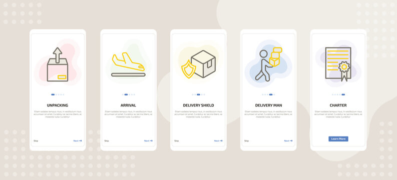 onboarding screen template for delivery mobile app ui with unpacking, arrival, delivery shield, delivery man, charter icons.
