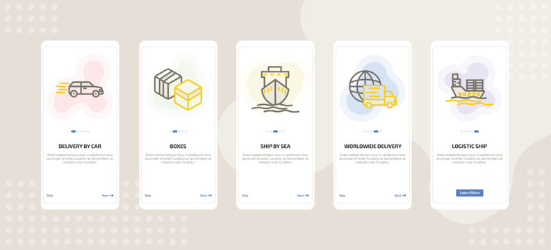 onboarding screen template for delivery mobile app ui with delivery by car, boxes, ship by sea, worldwide delivery, logistic ship icons.