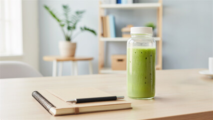 clear bottle filled with a vibrant green smoothie sitting on a light wooden desk. Next to a spiral notebook and pen representing a commitment to daily wellness and nutrition in an office environment