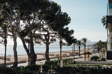 Obraz premium Sunny seaside view from balcony, Port de Pollença, Mallorca