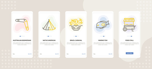 onboarding screen template for culture mobile app ui with australian boomerang, native american wigwam, brazil carnival mask, marine fish, food stall icons. © Farahim