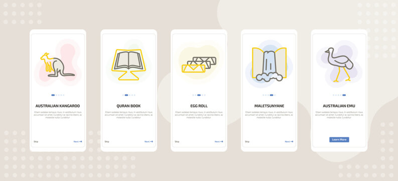 onboarding screen template for culture mobile app ui with australian kangaroo, quran book, egg roll, maletsunyane, australian emu icons.