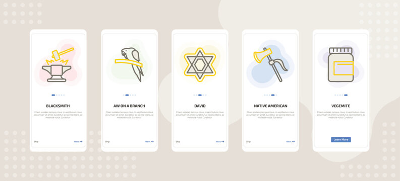 onboarding screen template for culture mobile app ui with blacksmith, aw on a branch, david, native american axes, vegemite icons.