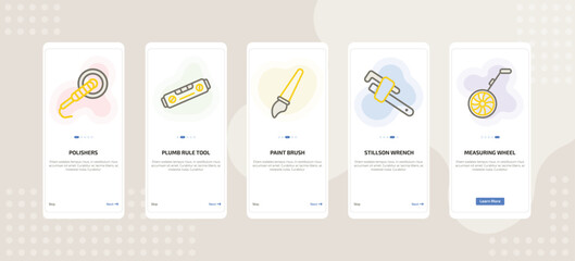 onboarding screen template for building tools mobile app ui with polishers, plumb rule tool, paint brush, stillson wrench, measuring wheel icons.