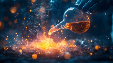 A gloved hand pours glowing orange liquid from a glass flask into a dark surface causing fiery sparks and bright embers to explode outward in an intense chemical reaction under dramatic blue lighting