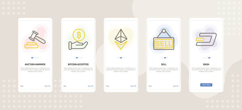 onboarding screen template for crypto mobile app ui with auction hammer, bitcoin accepted, , sell, dash