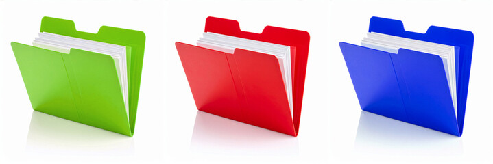 green, red and blue open folder or archive isolated on white background