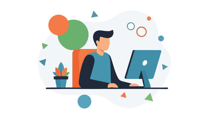 Person working on computer at modern office desk with abstract shapes and green plant design