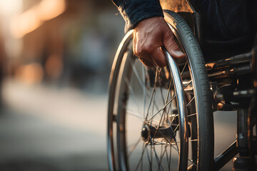 Naklejka premium Person using a wheelchair in a vibrant urban setting during sunset