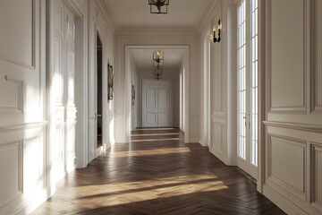 Elegant hallway with soft lighting and ornate decorations in a luxury building