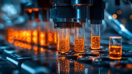 Close-up of scientific laboratory equipment analyzing glowing orange liquid samples in transparent tubes under controlled lighting with reflective surfaces and blurred background bokeh for high-tech