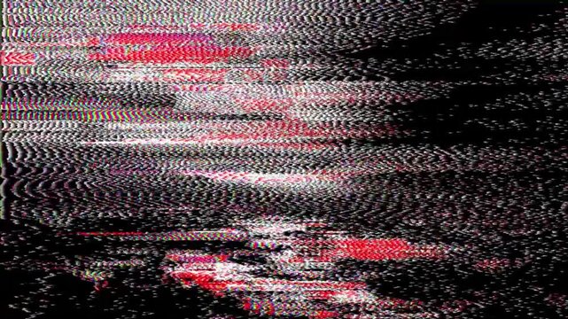 Abstract digital art featuring a heavily glitched and distorted landscape with horizontal lines and vibrant red and pink streaks against a dark background, evoking a retro-futuristic aesthetic.
