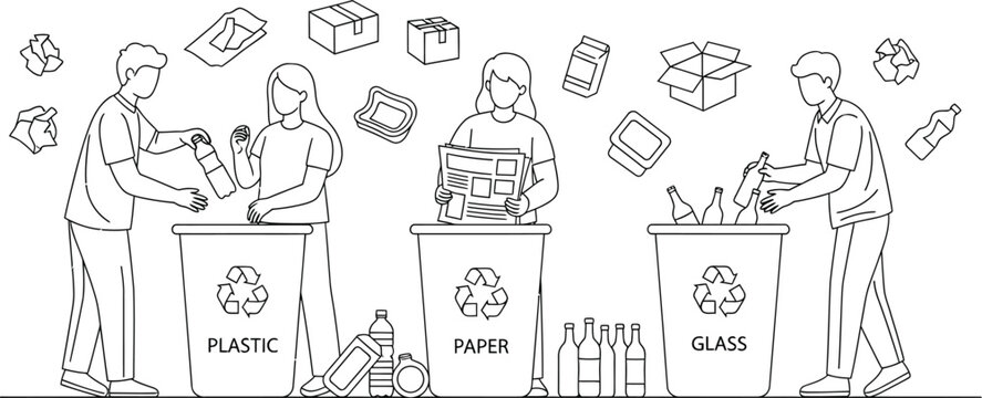 People sorting different types of waste materials like plastic paper and glass into designated recycling bins demonstrating environmental responsibility and conservation efforts