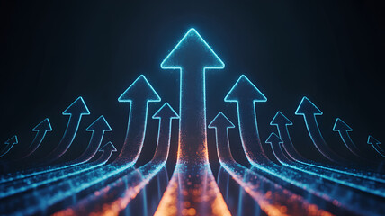 Glowing blue arrows pointing upwards in a dark background with orange light trails symbolizing growth and progress in business and technology concepts