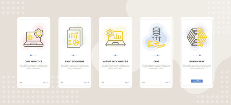 onboarding screen template for business mobile app ui with data analytics, print document, laptop with analysis, debt, radar chart icons.