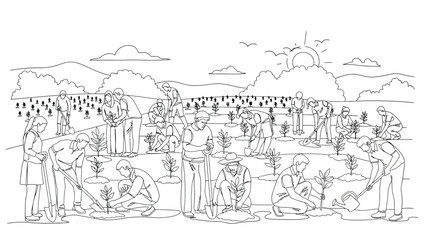 Obraz premium Diverse group of people diligently working together outdoors planting small saplings across a wide field under a bright sunny sky outline drawing.