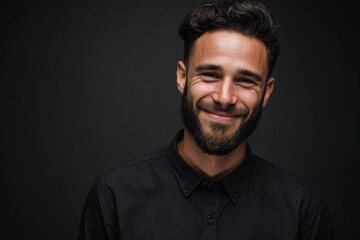 Fototapeta premium Cheerful brunette man with beard wearing a casual black shirt smiling against a dark background during a relaxed moment