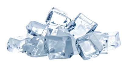 Transparent blue ice cubes piled on a black background, showcasing angles
