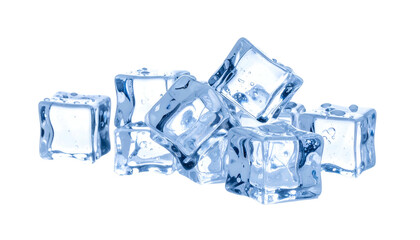 Close-up of clear, blue-tinted ice cubes stacked against a black background