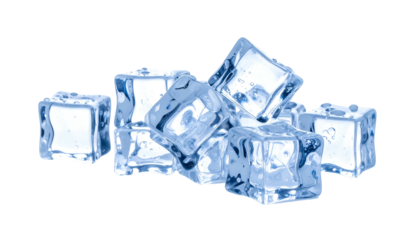 Close-up of clear, blue-tinted ice cubes stacked against a black background